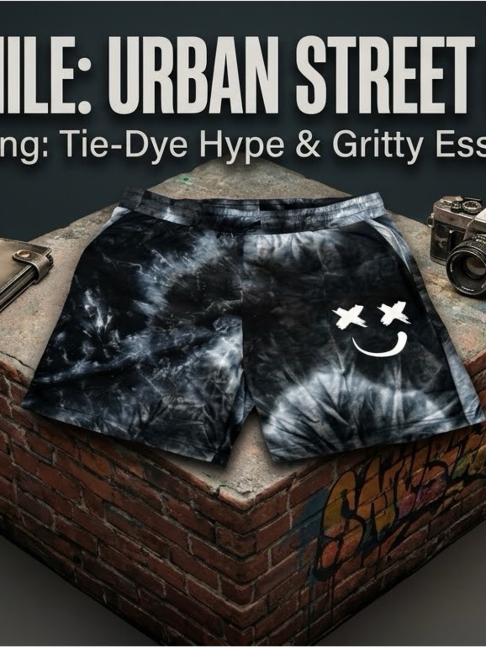 SHEIN Black Tie-Dye Men's Athletic Shorts with White Smiley